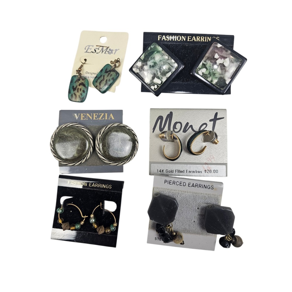 Vtg Earring Lot 6 Pairs Monet 14K GF Venezia Esmer Black Gold‎ Green Stud Hoop